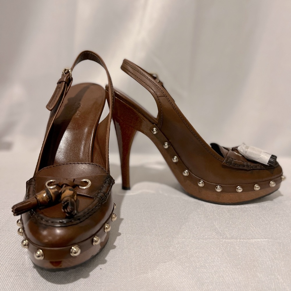 Authentic Gucci Scar Pelle S Gomma Brown Slingbacks size 8